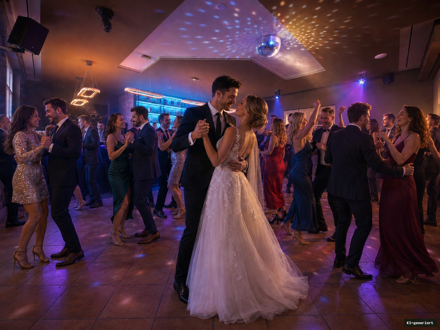 Hochzeitspaar und Gäste auf der Tanzfläche in der Kaminstube