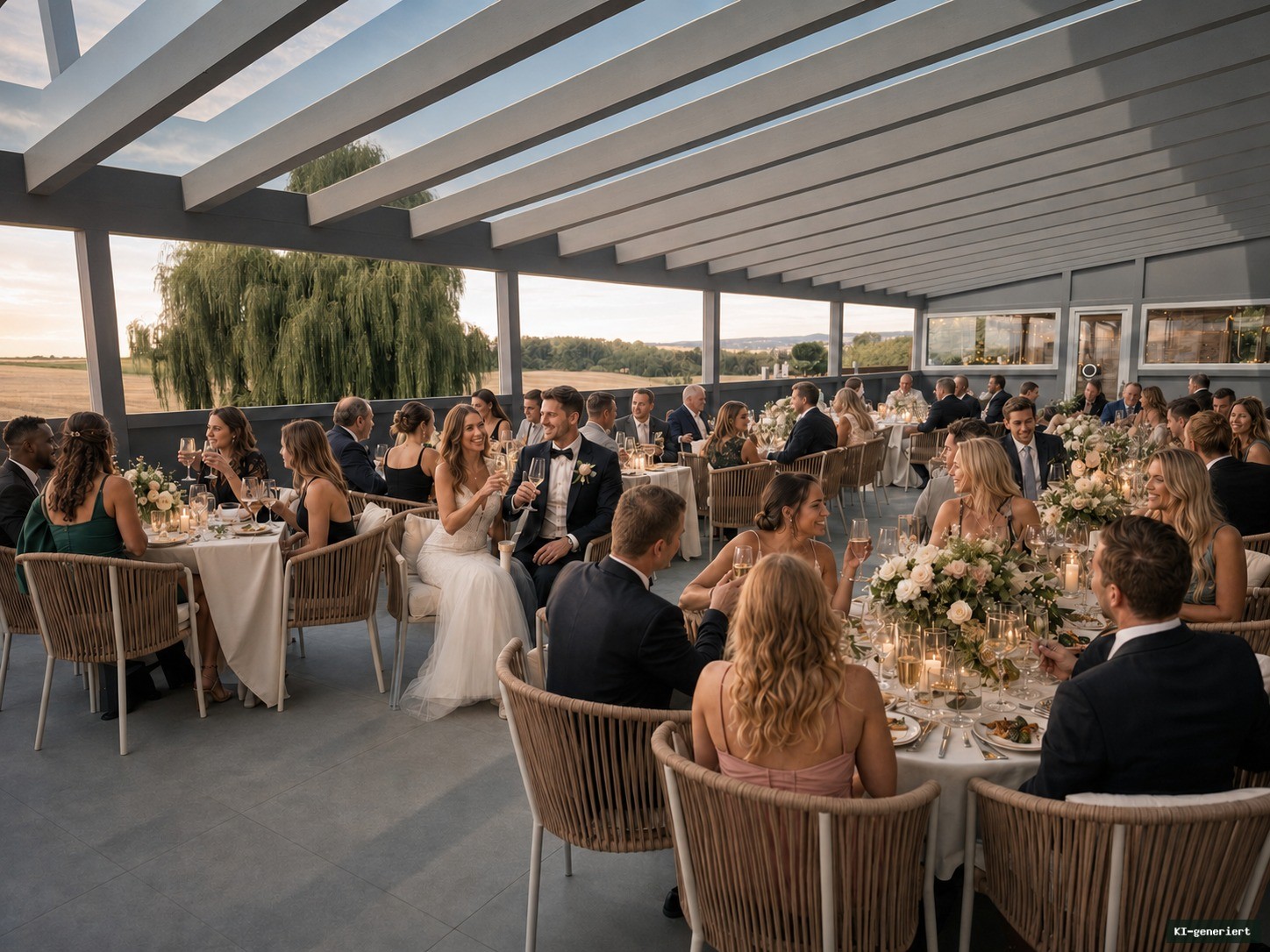 Hochzeitsgesellschaft auf der überdachten Sommerterrasse