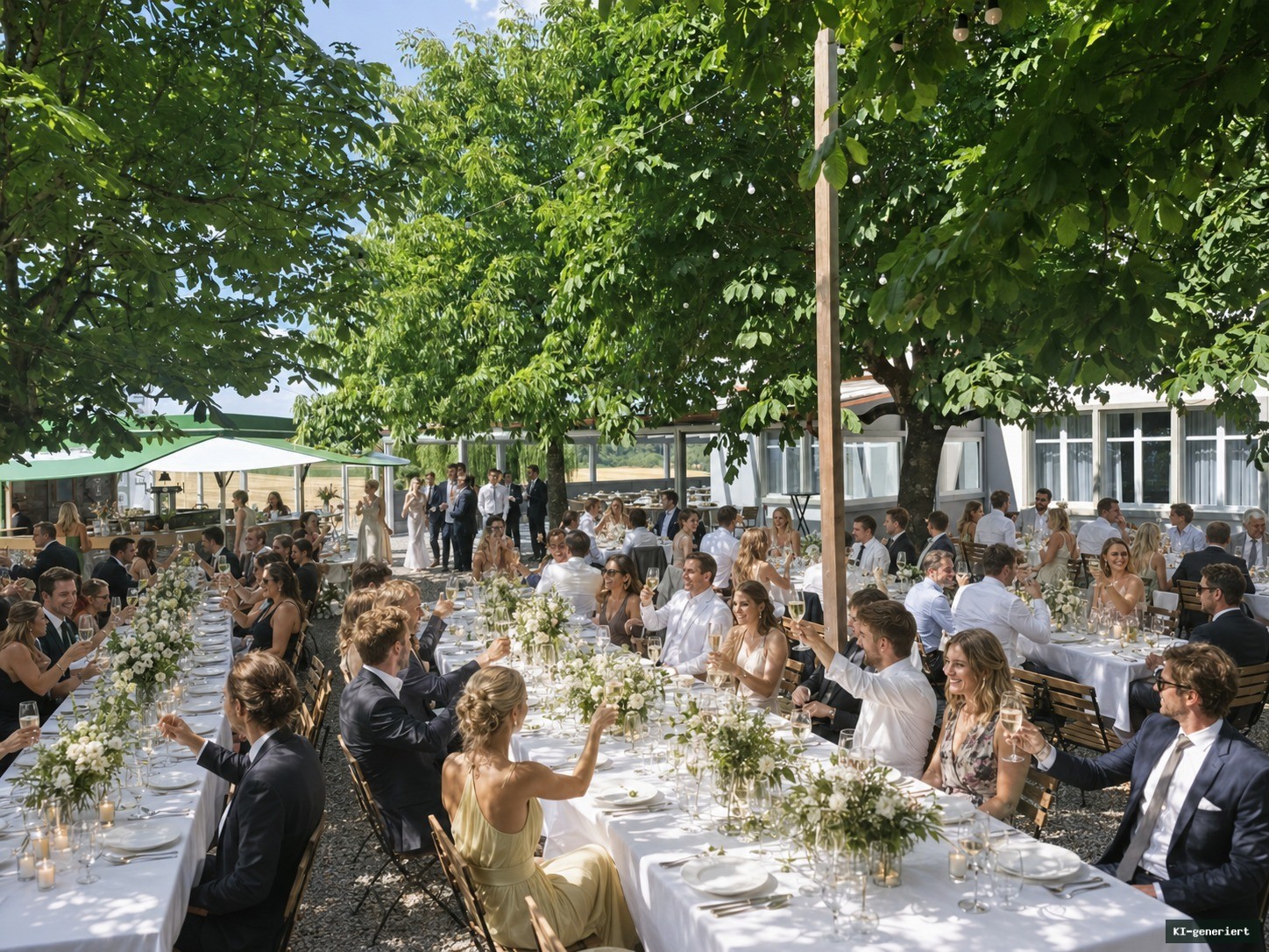 Festlich gedeckte Hochzeitstafel im grünen Biergarten